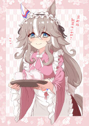 1girl absurdres animal_ears apron blush breasts closed_mouth commentary_request grey_hair hair_between_eyes hair_ornament highres horse_ears horse_tail maid maid_headdress simple_background small_breasts smile solo szykkz tail taishou tea teapot thick_eyebrows translation_request tray umamusume wa_maid wonder_acute_(umamusume)