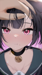 1girl 1other absurdres animal_ears black_choker black_hair blue_archive blush cat_ears cat_girl choker closed_mouth colored_inner_hair crumbs eating green_sailor_collar hand_on_another&#039;s_head headpat highres kazusa_(blue_archive) looking_at_viewer multicolored_hair neckerchief pink_eyes pink_hair pov sailor_collar school_uniform two-tone_hair wendao