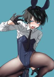 1boy animal_ears black_gloves black_hair black_pantyhose blue_background blue_eyes blue_leotard blush bulge character_request collared_shirt copyright_request crossdressing earrings fake_animal_ears gloves highres jewelry leotard long_sleeves looking_at_viewer male_focus male_playboy_bunny omiyacha open_mouth pantyhose rabbit_ears shirt shoes short_hair simple_background solo squatting strapless strapless_leotard trap v-shaped_eyebrows white_shirt