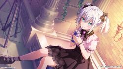 1girl alternate_costume artist_request bang_dream! blue_eyes can column drink_can drinking drinking_straw highres holding indoors kurata_mashiro multicolored_nails official_alternate_costume official_art pillar short_hair sitting solo twintails white_hair