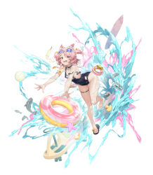 1girl absurdres animal_ear_fluff animal_ears black_one-piece_swimsuit breasts cat_ears fish food fritia_ignis full_body highres innertube medium_hair one-piece_swimsuit open_mouth pink_hair popsicle red_eyes sandals shanyao_jiang_tororo single_sandal small_breasts snowbreak:_containment_zone solo swim_ring swimsuit thigh_strap two_side_up