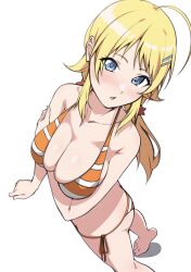 1girl ahoge arm_under_breasts armpit_crease bare_arms bare_shoulders barefoot bikini blonde_hair blue_eyes breasts cleavage collarbone foot_out_of_frame hachimiya_meguru hair_ornament hairclip halterneck hand_on_own_arm highres idolmaster idolmaster_shiny_colors large_breasts light_blush long_hair looking_at_viewer low_twintails monya_monya_(tmsc7752) open_mouth orange_bikini side-tie_bikini_bottom simple_background solo standing star_(symbol) star_hair_ornament striped_bikini striped_clothes swimsuit twintails white_background white_bikini
