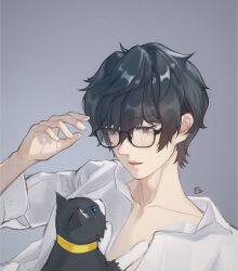 Rule 34 | 2boys, amamiya ren, black fur, black hair, cat, commentary, glasses, grey background, grey eyes, hand up, highres, light blush, liw, morgana (cat) (persona 5), morgana (persona 5), multiple boys, open clothes, open mouth, open shirt, persona, persona 5, shirt, symbol-only commentary, tuxedo cat, white shirt