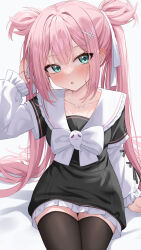 1girl :o absurdres bare_shoulders black_dress black_thighhighs blush bow collarbone commentary cowboy_shot dress ear_blush eyelashes frilled_dress frilled_sailor_collar frills green_eyes hair_between_eyes hair_intakes hair_ornament hair_ribbon hand_up highres huge_bow long_hair long_sleeves looking_at_viewer open_mouth original pink_hair ribbon sailor_collar short_dress sidelocks simple_background sitting solo straight_hair sweat symbol-only_commentary thighhighs twintails two_side_up very_long_hair wendao white_background white_bow white_ribbon white_sailor_collar x_hair_ornament zettai_ryouiki
