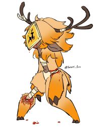 1girl animal_ears animal_hands antlers artist_name bandaged_arm bandaged_horn bandages bandaid bleeding blood blood_drip blood_on_face bloody_bandages bone chest_sarashi claws dark-skinned_female dark_skin deep_wound deer_antlers deer_ears deer_girl deer_tail exposed_bone full_body highres horns injury legs_apart long_hair mask navel orange_fur original panties personification pointy_ears road_sign roadkill sarashi sign simple_background solo standing tail torori_toro_(oimo_kenpi) twitter_username underwear white_background white_panties
