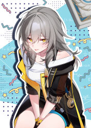 1girl bechu between_legs black_gloves black_jacket black_skirt breasts chain gloves grey_hair hair_between_eyes hand_between_legs highres honkai:_star_rail honkai_(series) jacket long_hair looking_at_viewer math medium_breasts off_shoulder open_clothes open_jacket shirt sitting skirt solo star_(symbol) stelle_(honkai:_star_rail) sweat thigh_strap tongue tongue_out trailblazer_(honkai:_star_rail) white_shirt yellow_eyes