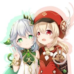 Rule 34 | 2girls, absurdres, backpack, bag, bag charm, blonde hair, blush, bracelet, braid, brown gloves, brown scarf, cape, charm (object), chinese commentary, choker, clover print, coat, coin hair ornament, commentary request, cross-shaped pupils, detached sleeves, dress, feathers, flower, flower-shaped pupils, genshin impact, gloves, gold trim, gradient hair, green cape, green eyes, green hair, green sleeves, hair between eyes, hair ornament, half crown braid, hand up, hat, hat feather, hat ornament, highres, jewelry, klee (genshin impact), leaf hair ornament, long hair, long sleeves, low twintails, medium hair, multicolored hair, multiple girls, nahida (genshin impact), newsboy cap, open mouth, pointy ears, randoseru, red coat, red eyes, red hat, scarf, short sleeves, shoulder peek, side ponytail, simple background, streaked hair, symbol-shaped pupils, tassel, twintails, v, white background, white dress, white feathers, white hair, z-wumi