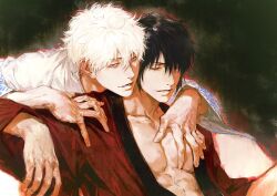 2boys abs black_background black_hair chimmyming closed_eyes collarbone gintama hair_between_eyes hand_on_another&#039;s_chest highres japanese_clothes kimono long_sleeves looking_at_viewer male_focus messy_hair multiple_boys open_clothes open_kimono parted_lips pectoral_cleavage pectoral_grab pectorals red_eyes red_kimono sakata_gintoki short_hair smile takasugi_shinsuke toned toned_male upper_body white_hair white_kimono wide_sleeves yaoi