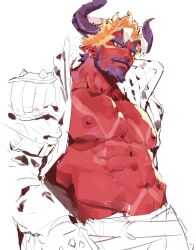 1boy abs another_eidos-r bara beard blonde_hair colored_skin demon_boy demon_horns facial_hair highres horns looking_at_viewer lucifer_(another_eidos) male_focus muscular muscular_male nipples pectorals red_skin tokuni_(toktoktokuni) unfinished