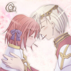 Rule 34 | 1boy, 1girl, armor, blonde hair, bow, breastplate, circlet, closed eyes, coat, commentary request, couple, cross, food, food in mouth, gold trim, grin, hair bow, hetero, high priest (ragnarok online), long sleeves, lord knight (ragnarok online), lowres, multicolored coat, pauldrons, pink background, pink hair, pocky, pocky day, pocky in mouth, purple bow, ragnarok online, red coat, sharari, short hair, shoulder armor, smile, squiggle, two-tone coat, upper body, white coat
