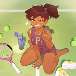 1girl :d absurdres amphibia animification anne_boonchuy arm_between_legs bad_id bad_pixiv_id ball bare_arms bare_legs bare_shoulders barefoot blurry blush bottle breasts brown_eyes brown_hair collarbone commentary covered_erect_nipples dark-skinned_female dark_skin day double_vertical_stripe earrings english_commentary from_above full_body grin hair_behind_ear hair_ornament hair_scrunchie half-closed_eyes hand_up heart high_ponytail highres inactive_account jewelry kassitta looking_at_viewer multicolored_shoes open_mouth outdoors pink_scrunchie ponytail purple_shorts purple_tank_top racket scrunchie shadow shoes short_hair short_ponytail short_shorts shorts sitting small_breasts smile sneakers solo spoken_heart sportswear stud_earrings sweat swept_bangs tank_top tennis_ball tennis_court tennis_racket tennis_uniform two-tone_shoes unworn_shoes v wariza water_bottle white_shoes yellow_shoes