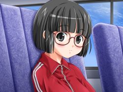 Rule 34 | 1girl, black eyes, black hair, blush, bus, bus interior, chair, cloud, female focus, game cg, glasses, looking at viewer, mame, motor vehicle, short hair, sky, smile, solo, track suit, vehicle, window, yagai gakushuu