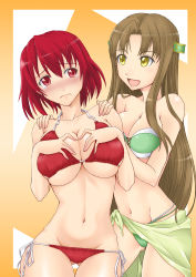 Rule 34 | 00s, 2girls, aria (seiken no blacksmith), bare shoulders, bikini, blush, breasts, brown hair, cecily cambell, cleavage, embarrassed, groin, highres, kurogane (blackxsilver), large breasts, long hair, lowleg, lowleg bikini, multiple girls, navel, open mouth, red eyes, red hair, seiken no blacksmith, side-tie bikini bottom, strapless, strapless bikini, swimsuit, tears, underboob, yellow eyes, yuri