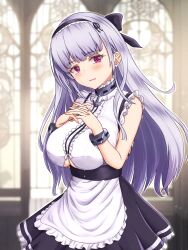 1girl apron are_you_333 azur_lane black_dress blush breasts center_frills closed_mouth clothing_cutout dido_(azur_lane) dress frilled_dress frills highres large_breasts long_hair looking_at_viewer maid maid_apron open_mouth own_hands_together purple_hair red_eyes smile solo underboob_cutout white_apron