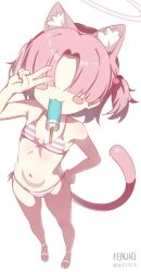 1girl absurdres animal_ear_fluff animal_ears bikini blue_archive blush_stickers cat_ears cat_girl cat_tail chlorella_observation_club_member_(blue_archive) chlorella_observation_club_member_(swimsuit)_(blue_archive) closed_mouth commentary english_commentary faceless faceless_female facing_viewer flat_chest food full_body hair_bobbles hair_ornament halo highres mouth_hold n3moni navel official_alternate_costume pink_bikini pink_hair pink_halo popsicle short_hair side-tie_bikini_bottom simple_background solo standing striped_bikini striped_clothes swimsuit tail two_side_up v white_background