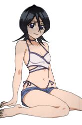 1girl bare_arms bare_legs barefoot bikini bikini_under_clothes black_hair bleach blue_shorts breasts choker cleavage closed_mouth collarbone kuchiki_rukia medium_hair navel purple_choker purple_eyes purple_trim short_shorts shorts side-tie_bikini_bottom simple_background small_breasts smile solo swimsuit vakyurasan white_background white_bikini