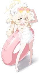 1girl :3 absurdres bare_arms bare_legs bare_shoulders beret bikini blonde_hair blue_archive blush bow breasts clenched_hand commentary_request contrapposto eyewear_on_head feet fluffy_hair footwear_bow frilled_bikini frilled_one-piece_swimsuit frills full_body gradient-tinted_eyewear green_eyes hair_bow hair_intakes halo hand_up hat hat_bow heart heart-shaped_eyewear heart-shaped_glasses highleg highleg_one-piece_swimsuit highres honi_(honi1010) innertube korean_commentary leaning_back legs_apart light_blush light_smile loli long_hair long_sidelocks looking_at_viewer one-piece_swimsuit one_side_up pink-tinted_eyewear professor_niyaniya_(blue_archive) sandals sidelocks simple_background small_breasts standing sunglasses swim_ring swimsuit thighs tinted_eyewear toes very_long_hair wavy_hair wavy_sidelocks white_background white_bow white_hat white_one-piece_swimsuit white_sandals yellow-framed_eyewear yellow-tinted_eyewear yellow_halo