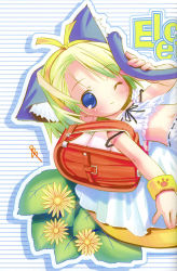 1girl animal_ears backpack bag blonde_hair blue_eyes cat_ears cat_tail female_focus flat_chest green_hair highres midriff navel one_eye_closed pop randoseru smile solo tail wink