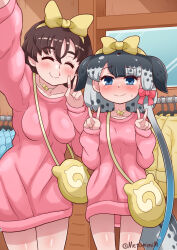 2girls absurdres bag blood blowhole blue_eyes blush bow breasts captain_(kemono_friends) cetacean_tail dolphin_girl dorsal_fin double_v dress female_pervert fins fish_tail grey_hair hair_bow handbag highres japari_symbol jewelry kemono_friends kemono_friends_3 looking_at_viewer medium_breasts metamimi multicolored_hair multiple_girls narwhal_(kemono_friends) necklace nosebleed pervert pink_dress selfie short_hair short_hair_with_long_locks small_breasts tail v