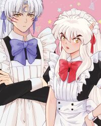 Rule 34 | 2boys, animal ears, apron, black dress, blush, bow, bowtie, brothers, closed mouth, collared dress, crescent, crescent facial mark, crossdressing, crossed arms, demon boy, dog boy, dog ears, dress, facial mark, forehead mark, frilled apron, frills, furrowed brow, hair between eyes, hair ribbon, highres, inuyasha, inuyasha (character), long hair, long sleeves, maid, maid apron, maid headdress, male focus, moonlichi, multiple boys, parted bangs, parted lips, pink background, puffy short sleeves, puffy sleeves, purple bow, purple bowtie, purple ribbon, red bow, red bowtie, red ribbon, ribbon, sesshoumaru, short sleeves, siblings, sidelocks, slit pupils, upper body, white hair, wrist cuffs, yellow eyes