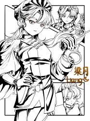 1girl absurdres bai_long_i beret boots cellphone character_name chin_strap cowboy_shot dress gloves greyscale hand_on_own_hip hand_up hat highres holding holding_id_card holding_phone holster id_card liang_yue_(reverse:1999) lineart long_hair looking_at_viewer low_twintails monochrome multiple_views parted_lips phone police police_uniform policewoman reverse:1999 short_dress side_cape thigh_boots twintails white_background