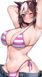 1girl absurdres alternate_breast_size animal_ears armpits arms_behind_head bikini blush bow breasts brown_hair closed_mouth commentary_request commission ear_bow highres horse_ears horse_girl kshimu large_breasts looking_at_viewer multicolored_hair navel one_eye_closed open_fly pink_bikini purple_eyes short_hair side-tie_bikini_bottom skeb_commission smile solo special_week_(umamusume) striped_bikini striped_clothes sweat swimsuit two-tone_hair umamusume white_hair