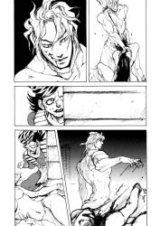 blood blood_splatter comic dio_brando greyscale hat jojo_no_kimyou_na_bouken licking_lips merumeru626 monochrome nukesaku scar scar_on_neck screentones silent_comic stardust_crusaders stitched_neck stitches tongue tongue_out topless_male