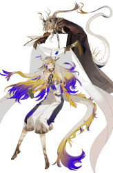 1boy 1girl :d arknights bamboo_bottle bare_shoulders barefoot black_robe blonde_hair blue_hair body_markings bottle brother_and_sister brown_hair capri_pants changpao chinese_clothes closed_eyes clothing_cutout colored_skin dirty dirty_clothes dirty_feet dragon_boy dragon_girl dragon_horns dragon_tail earrings eyeshadow fingernails full_body gradient_hair gradient_skin green_eyes green_eyeshadow hair_between_eyes hair_intakes hair_ornament hair_stick half_updo highres holding holding_bottle holding_veil horns invisible_chair jewelry kaifei_(kaifei_29) leaning_forward long_hair long_sleeves looking_at_another looking_up low_ponytail makeup multicolored_hair necklace open_mouth pants parted_bangs parted_lips pointy_ears ponytail putting_on_headwear red_pupils robe sharp_fingernails shirt shu_(arknights) siblings sitting smile standing strapless strapless_shirt tail tassel tassel_earrings veil white_pants white_shirt white_veil yellow_skin zhi_(arknights)