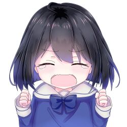 Rule 34 | 1girl, absurdres, ahoge, benghuai xueyuan, black hair, blue bow, blue bowtie, blue shirt, blush, bow, bowtie, clenched hands, closed eyes, commentary request, facing viewer, hands up, highres, honkai (series), li mama, long sleeves, multicolored hair, open mouth, purple hair, sailor collar, seele vollerei, shirt, simple background, sleeves past wrists, solo, tears, two-tone hair, white background, white sailor collar