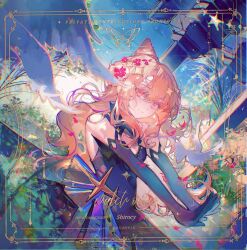 1girl bilibili_75029973 black_dress blonde_hair border bow bug butterfly chinese_commentary commentary_request diamond_cutout dress dress_bow elbow_gloves falling_petals flower from_side gloves hair_between_eyes hair_flower hair_ornament heterochromia indie_virtual_youtuber insect inset_border kaofish long_bangs long_hair looking_at_viewer open_hands ornate_border outdoors outstretched_arms petals pillar plant red_eyes sky star_(symbol) star_hair_ornament upper_body yellow_eyes