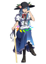 1girl black_boots black_hat blue_hair blue_skirt boots bow crossed_legs expressionless hat highres hinanawi_tenshi inuno_rakugaki invisible_chair long_hair long_skirt looking_at_viewer peach_hat_ornament red_bow red_eyes shirt short_sleeves simple_background sitting skirt solo sword sword_of_hisou touhou weapon white_background white_shirt