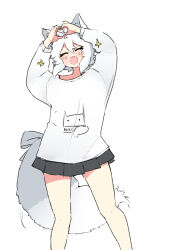 ahoge animal_ear_fluff animal_ears bad_tag blush closed_eyes crikochan fox_ears fox_tail hands_up happy heart heart_hands miniskirt niane_snowvac simple_background skirt sparkle tail thigh_gap thighs white_background white_hair