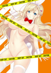 1girl animal_ears blonde_hair blue_eyes bow bowtie braid breasts caution_tape censored cowboy_shot detached_collar fake_animal_ears hair_between_eyes hair_ornament hairclip hataraki_kuma highres keep_out long_hair looking_at_viewer medium_breasts navel nude open_mouth original rabbit_ears rabbit_tail red_bow red_bowtie solo tail thighhighs white_thighhighs wrist_cuffs