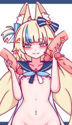 1girl 3boys :3 ahoge animal_ear_fluff animal_ears blonde_hair blue_bow blue_eyes blue_hair blunt_bangs blush bow cape cat_ears collar completely_nude disembodied_penis flat_chest hair_bow handjob heart hetero highres indie_virtual_youtuber loli long_hair looking_at_viewer multicolored_eyes multicolored_hair multiple_boys navel nipples no_bra no_panties nude penis sailor_collar sameko_saba sidelocks simple_background solo striped_bow thatpervtako two-tone_eyes two-tone_hair very_long_hair virtual_youtuber white_background white_bow yellow_eyes
