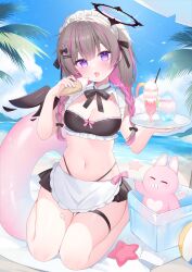 Rule 34 | 1girl, absurdres, apron, ball, beach, beachball, bikini, black bow, black bowtie, blush, bow, bowtie, breasts, brown hair, cleavage, cup, food, hair between eyes, hair bow, hair ornament, halo, highres, holding, holding food, holding ice cream, holding tray, ice cream, ice cream cone, jewelry, kooriais, long hair, looking at viewer, maid, maid apron, maid bikini, maid headdress, medium breasts, multicolored hair, navel, now, open mouth, original, palm tree, pink hair, purple eyes, smile, solo, starfish, stomach, streaked hair, swimsuit, thighlet, tray, tree, two-tone hair, unconventional maid, very long hair, water, white apron