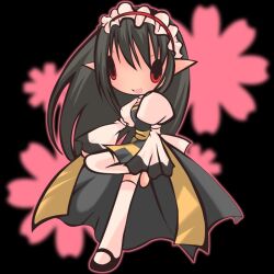 1girl 2000s_(style) arch_bishop_(ragnarok_online) black_background black_dress black_shoes chibi chibi_only comiket_80 commentary_request cross dress frilled_hairband frills full_body hairband juliet_sleeves long_hair long_sleeves looking_at_viewer mary_janes open_mouth pointy_ears puffy_sleeves ragnarok_online red_eyes red_hairband sash shoes smile solid_oval_eyes solo thighhighs two-tone_dress white_dress white_thighhighs yellow_sash yu_(lilacxx)