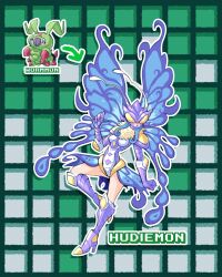 Rule 34 | 1girl, armor, armored boots, armored gloves, boots, breasts, bug, butterfly, butterfly wings, digimon, digimon (creature), digimon story: cyber sleuth, digimon story: cyber sleuth hacker&#039;s memory, english text, female focus, gloves, hair wings, high heels, highres, hudiemon, insect, insect wings, leotard, long hair, looking at viewer, macintyrerath, medium breasts, shoulder armor, sidelocks, skirt, solo, solo focus, stats, thick thighs, thighhighs, thighs, wings, wormmon
