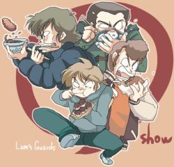 4boys bowl chibi_(urusei_yatsura) chopsticks eating food glasses kakugari_(urusei_yatsura) lowres maru-sima megane_(urusei_yatsura) multiple_boys perm_(urusei_yatsura) pompadour urusei_yatsura