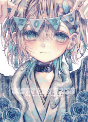 1boy absurdres androgynous blonde_hair blue_eyes blue_flower blue_hair blush collar commentary_request earrings flower highres japanese_clothes jewelry looking_at_viewer male_focus multicolored_hair original pale_skin shirafu_(shirafu42) short_hair smile snake solo white_background