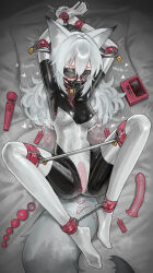 1girl absurdres ahegao anal_beads animal_ear_fluff animal_ears black_blindfold blindfold blue_eyes bodysuit breasts chain collar commentary cuffs dildo dildo_gag egg_vibrator elbow_gloves english_commentary fox_ears fox_girl fox_tail gag gagged gloves green_eyes handcuffs heterochromia highres hitachi_magic_wand impossible_bodysuit impossible_clothes large_variant_set latex latex_bodysuit leotard lock lockbox long_hair looking_at_viewer medium_breasts object_insertion open_mouth original panel_gag restrained saaal653 sex_toy shackles skin_tight spread_legs spreader_bar tail thighhighs vaginal vaginal_object_insertion variant_set very_long_hair vibrator white_gloves white_thighhighs x-ray