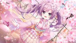 1girl :d bare_shoulders blurry blurry_foreground blush breasts cherry_blossoms cowboy_shot detached_sleeves dot_nose dutch_angle falling_petals fang film_grain floral_print floral_print_kimono flower game_cg green_eyes hair_flower hair_intakes hair_ornament hairband headset izumi_tsubasu japanese_clothes kimono lens_flare long_hair looking_at_viewer misaki_sango non-web_source obi official_art open_mouth outdoors petals pink_flower pink_hairband pink_kimono pink_petals pink_ribbon pink_sleeves print_kimono purple_hair re:stage! ribbon sash sleeveless sleeveless_kimono small_breasts smile solo sparkle swept_bangs twintails very_long_hair wide_sleeves