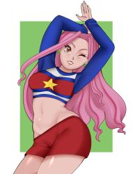 1girl blue_sleeves breasts brown_eyes clover_earrings crop_top curvy digimon digimon_adventure digimon_adventure_02 digimon_adventure_tri. green_background green_nails highres hip_focus hip_vent lipstick long_hair long_sleeves looking_at_viewer makeup medium_breasts midriff miniskirt nail_polish navel one_eye_closed pink_hair red_skirt skirt smile star_(symbol) tachikawa_mimi teeth two-tone_shirt valtren white_background wink
