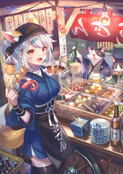 1girl absurdres animal_ears bandana beer_mug black_thighhighs blue_kimono bottle breasts cat cat_ears cat_girl cat_tail chopsticks cup daikon egg_(food) food food_stand hair_ornament hairpin highres japanese_clothes kimono ladle large_breasts light_bulb looking_at_viewer mug noren oden original plate plate_stack ponytail pot radish red_eyes silver_hair skewer solo_focus suzaku_(zaku6584) tail thighhighs unused_tire yatai yukata
