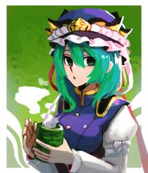 Rule 34 | 1girl, blue hat, cup, epaulettes, frilled hat, frills, gradient background, green background, green eyes, green hair, hat, highres, holding, holding cup, iganashi1, juliet sleeves, long sleeves, looking at viewer, open mouth, puffy sleeves, shiki eiki, short hair, smoke, solo, touhou, upper body