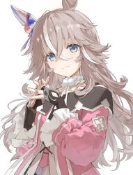 1girl animal_ears black_gloves blue_eyes brown_hair closed_mouth cocontoozai crossed_bangs dress ear_covers fingerless_gloves gloves hair_between_eyes highres horse_ears horse_girl interlocked_fingers long_hair long_sleeves looking_at_viewer multicolored_hair own_hands_together pink_dress pom_pom_(clothes) simple_background single_ear_cover solo streaked_hair umamusume upper_body white_background white_hair wonder_acute_(umamusume)