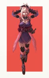 1girl arms_behind_head black_shoes border breasts cleavage closed_eyes commentary detached_sleeves earrings facing_viewer fate/grand_order fate_(series) grey_border grin highres japanese_clothes jewelry magatama miyamoto_musashi_(fate) miyamoto_musashi_(second_ascension)_(fate) obi pink_hair red_background red_sash sash sheath sheathed shoes simple_background smile solo sword thighhighs weapon wwooodzy