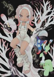 20cm_snow 3girls agent_8_(splatoon) arm_warmers bare_shoulders baseball_cap between_fingers black_background black_dress black_footwear blue_hair bodysuit boots bracelet choker color_chip_(splatoon) colored_skin commentary_request copyright_name crossed_legs crown dark-skinned_female dark_skin dedf1sh dress drone fish floating gradient_hair green_skin grey_choker grey_eyes grey_hair hand_on_own_leg hat headphones highres holding in_tree jewelry kneehighs long_hair looking_at_viewer multicolored_hair multiple_girls nintendo no_eyes no_mouth non-humanoid_robot octoling octoling_girl octoling_player_character parted_lips pearl_(splatoon) pearl_drone_(splatoon) pink_hair red-tinted_eyewear red_hair robot single_arm_warmer sitting sitting_in_tree sleeveless sleeveless_bodysuit socks splatoon_(series) splatoon_3 splatoon_3:_side_order star-shaped_pupils star_(symbol) suction_cups symbol-shaped_pupils teeth tentacle_hair tinted_eyewear tree twitter_username two-tone_hair white_bodysuit white_footwear white_socks