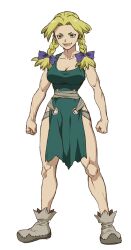 Rule 34 | 1girl, anime coloring, blonde hair, bow, braid, breasts, cleavage, clenched hands, closed mouth, dr. stone, dress, full body, green dress, green eyes, hair bow, hanada nikki, highres, impossible clothes, impossible dress, iwase yuuko (artist), large breasts, long hair, looking at viewer, muscular, muscular female, narrow waist, official art, parted bangs, purple bow, rope belt, shoes, simple background, smile, solo, standing, thick eyebrows, thick lips, thighs, transparent background, twin braids, white shoes