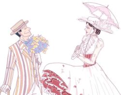 1boy 1girl bad_id bad_twitter_id bert_(mary_poppins) bouquet corset dress flower gloves hair_bun hat holding holding_bouquet holding_umbrella jacket looking_at_another mary_poppins mary_poppins_(character) profile simple_background smile striped_clothes striped_jacket umbrella vertical-striped_clothes vertical-striped_jacket white_background white_dress white_gloves white_hat xxx_rabbit
