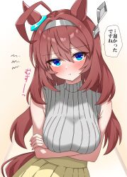 1girl absurdres ahoge animal_ears blue_eyes brown_hair closed_mouth commentary_request grey_sweater highres horse_ears horse_girl horse_tail long_hair mihono_bourbon_(umamusume) shikimiya_life sleeveless sleeveless_sweater smile solo speech_bubble sweater tail translation_request umamusume